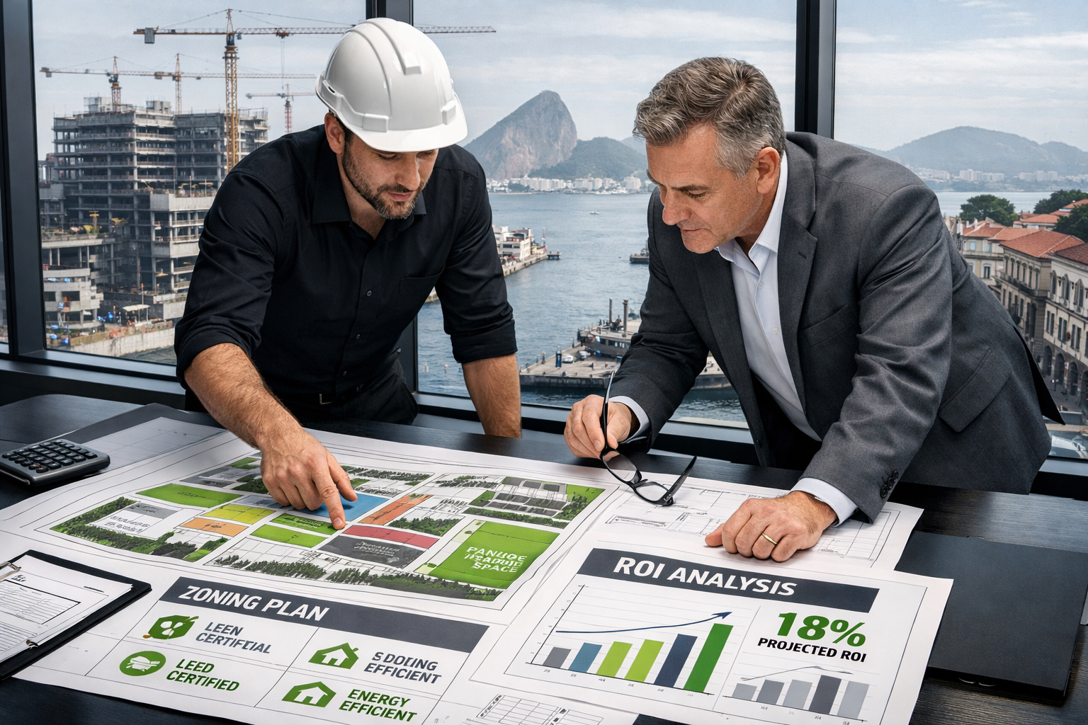 Detailed () professional real estate investment concept image showing a modern architect and developer reviewing waterfront