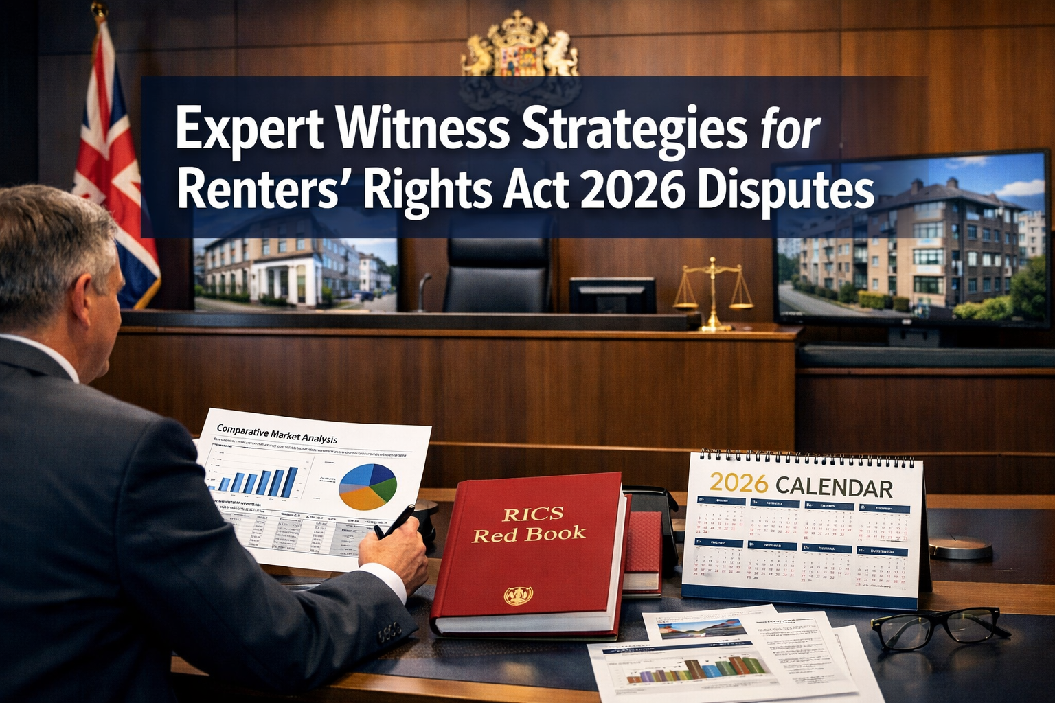 Professional () hero image featuring 'Expert Witness Strategies for Renters' Rights Act 2026 Disputes' in extra large white