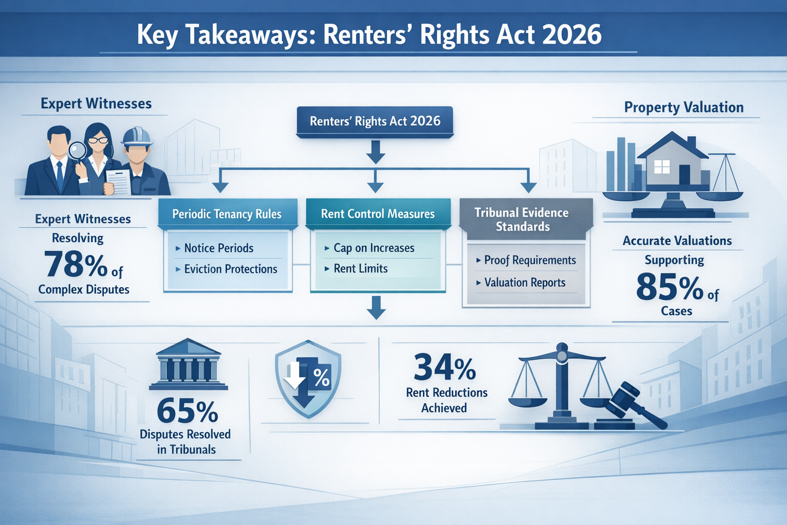 Infographic-style visual summarizing Key Takeaways for Renters' Rights Act 2026, featuring stylized icons representing