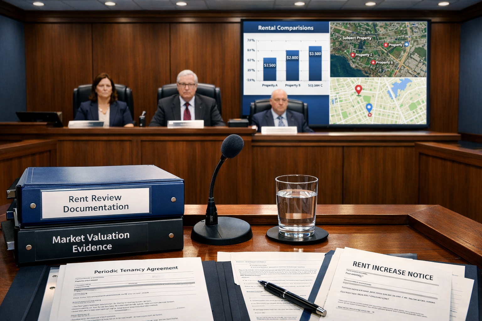 Detailed () image depicting tribunal hearing room setup from expert witness perspective. Central focus on witness stand with