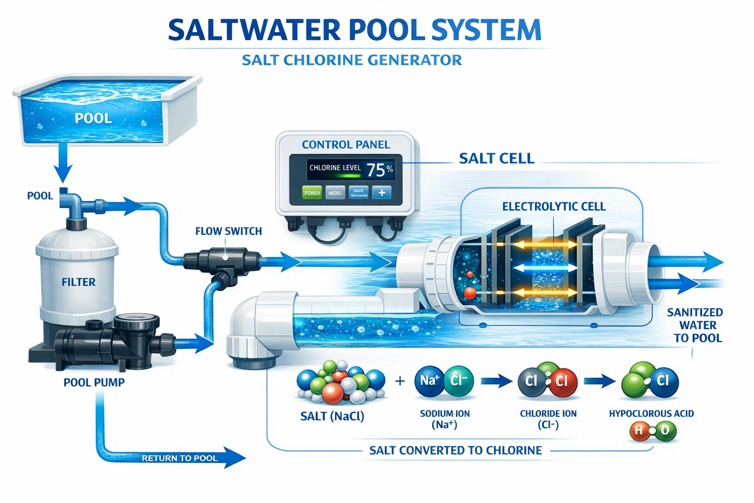 Landscape format (1536x1024) detailed infographic showing saltwater pool system diagram with salt chlorine generator, electrolytic cell, and