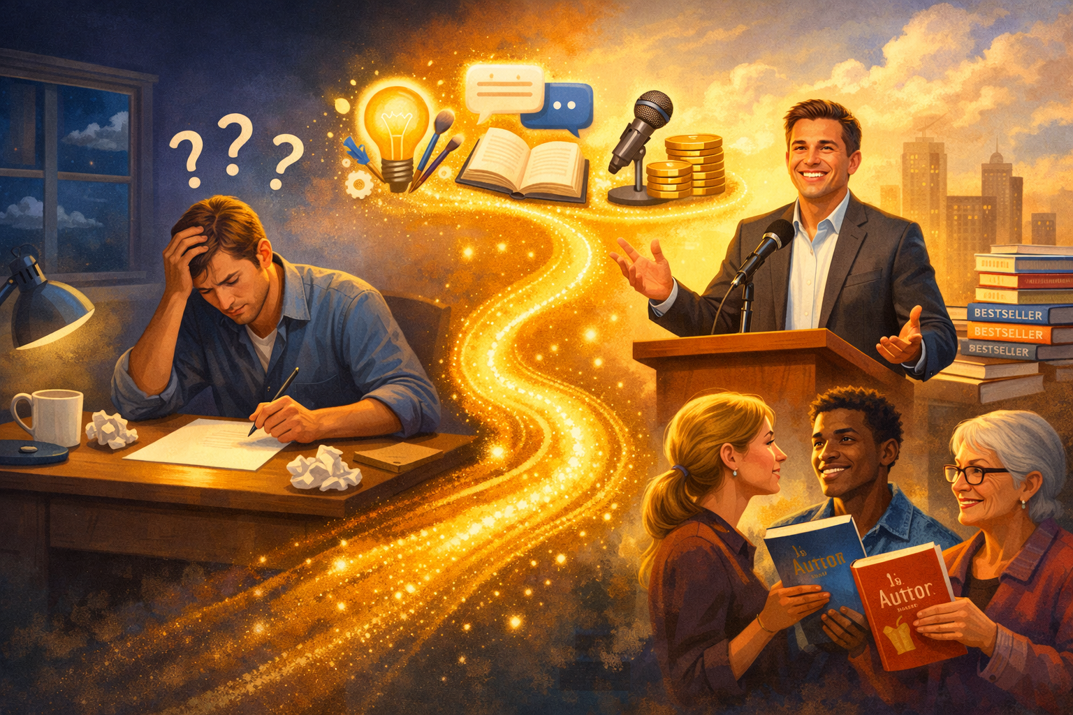 () conceptual illustration showing the transformative journey of book writing with split-screen composition: left side