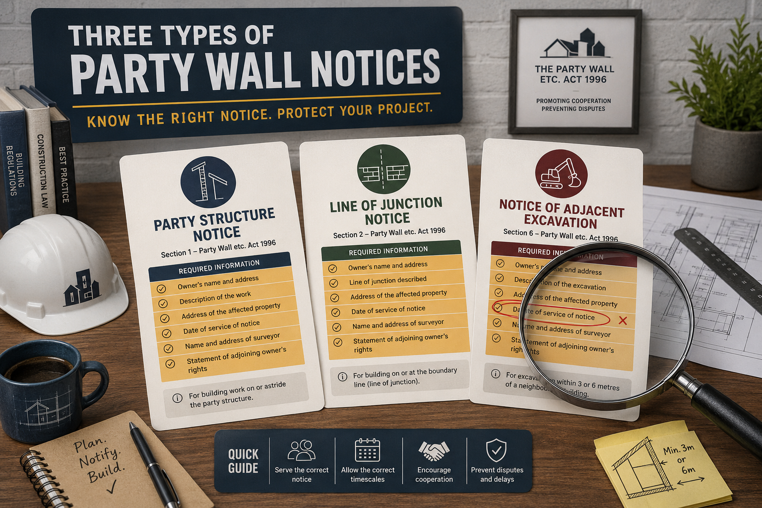 () detailed infographic-style illustration showing three types of party wall notices (Party Structure Notice, Line of