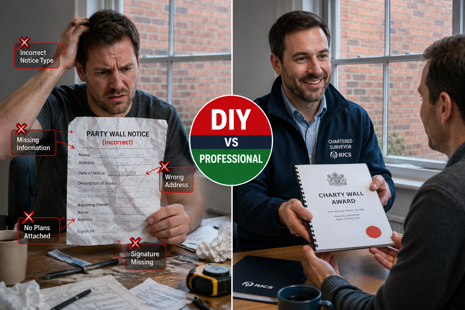 () split-panel comparison image: left panel shows a frustrated homeowner holding a crumpled, incorrectly filled DIY party
