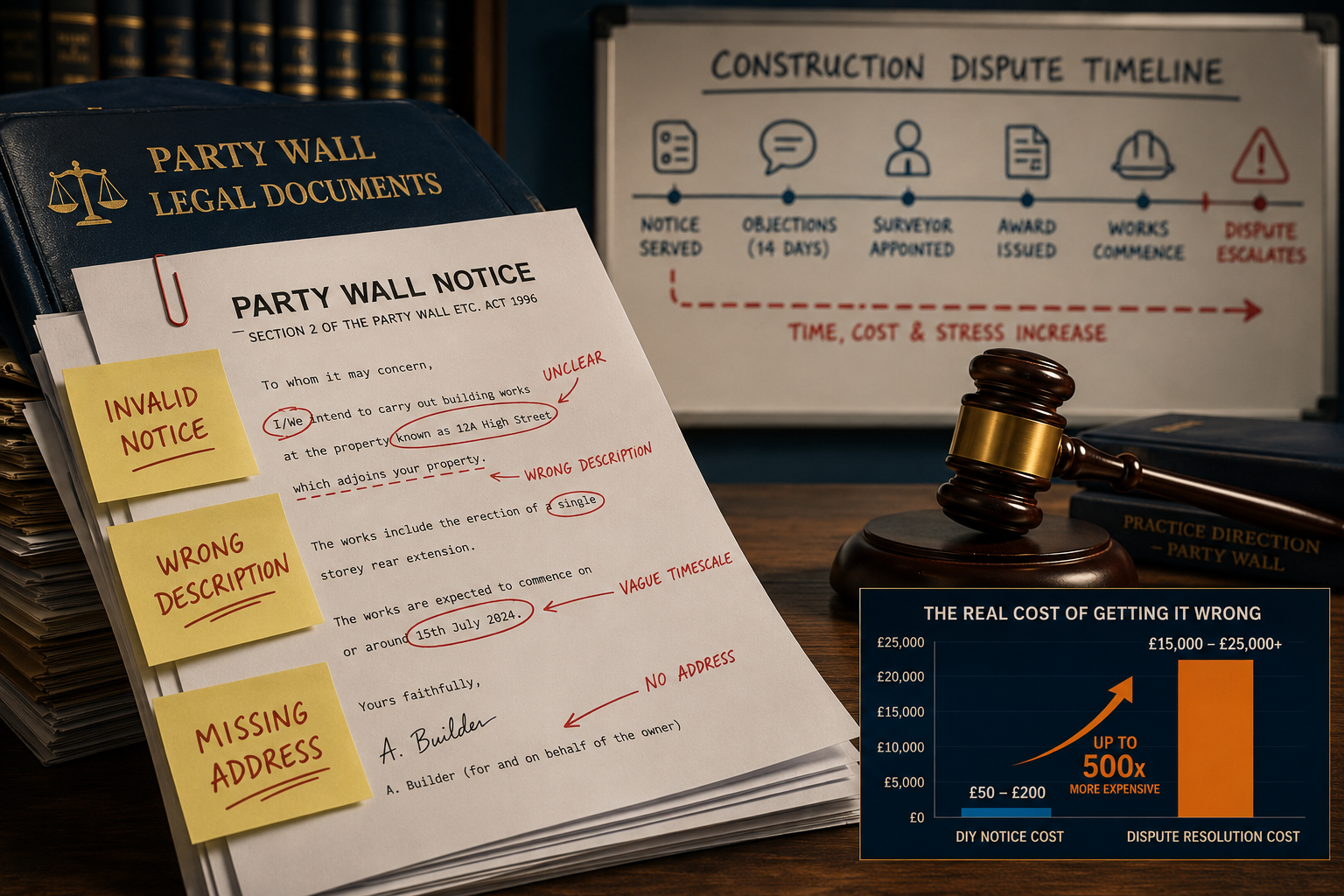 () courtroom-adjacent scene showing a stack of party wall legal documents, a judge's gavel, and a construction dispute