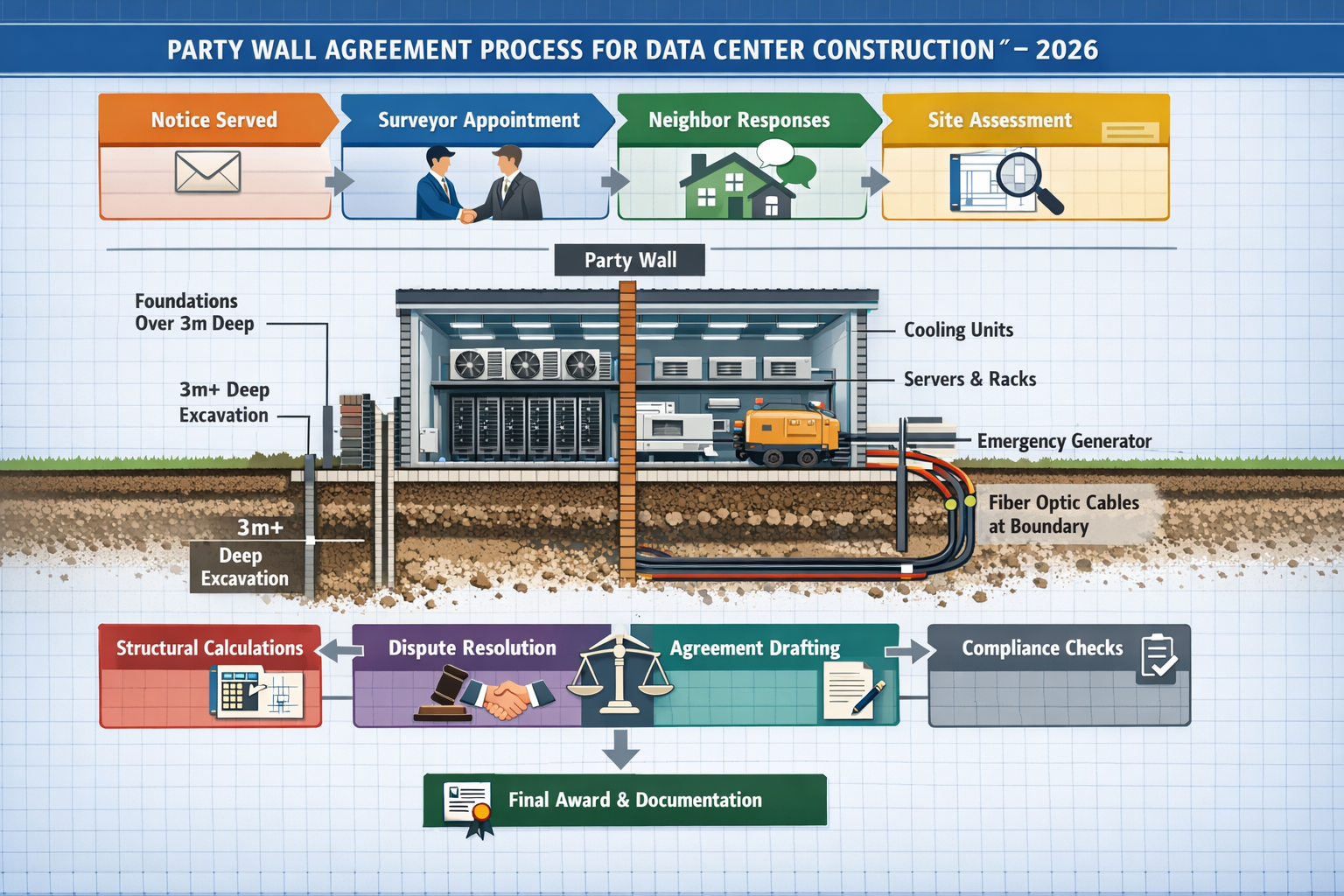 Comprehensive landscape format (1536x1024) infographic-style image illustrating the complete party wall agreement process workflow specifica