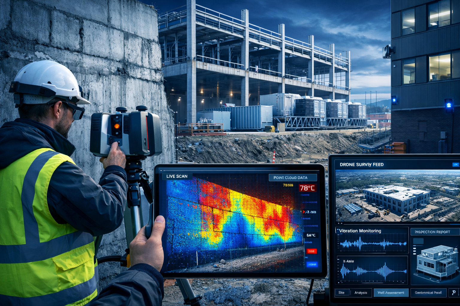 Detailed landscape format (1536x1024) image depicting modern surveying technology applications for data center party wall assessments in 202
