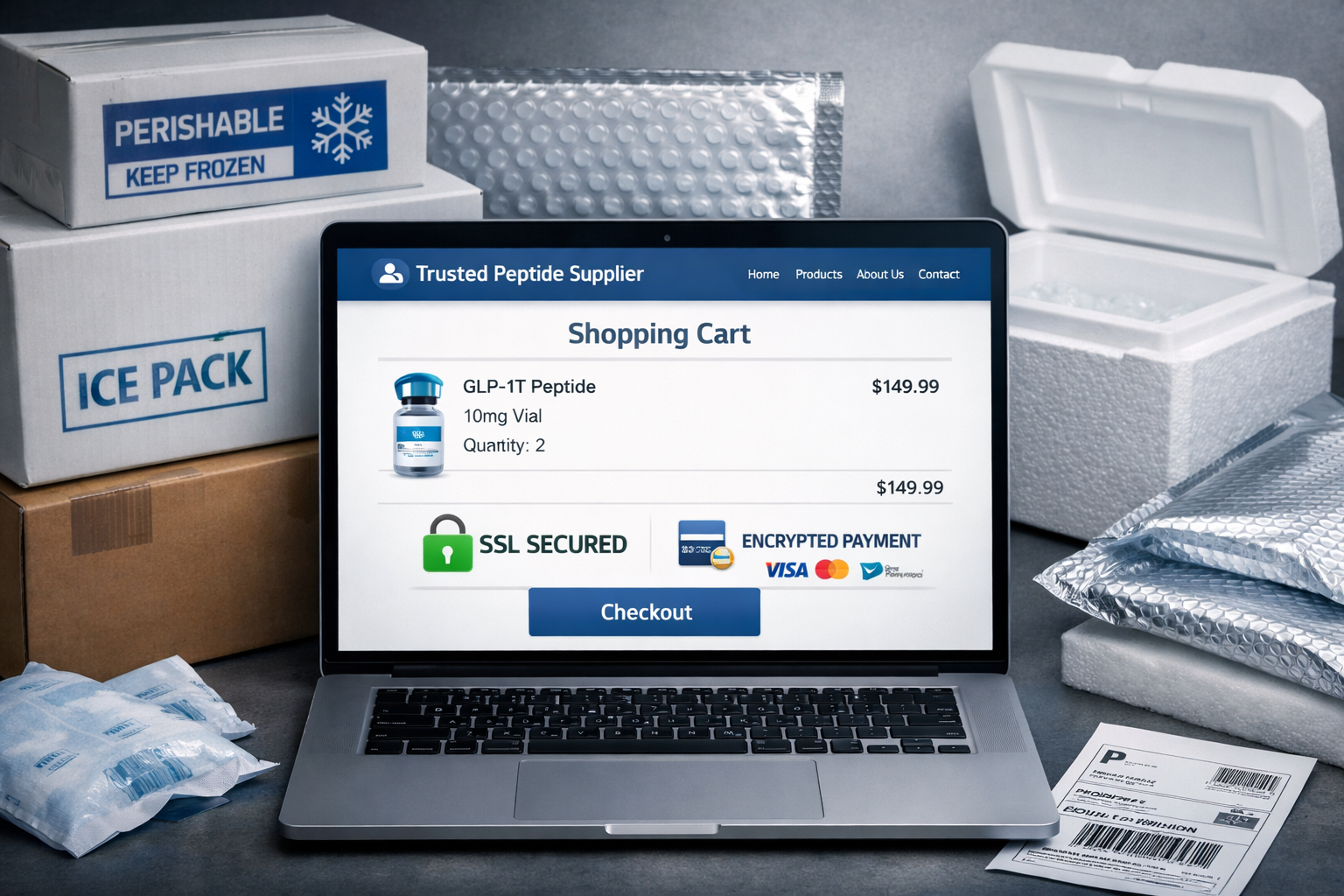 Professional landscape photograph (1536x1024) of secure online ordering process for peptides showing computer screen displaying reputable pe