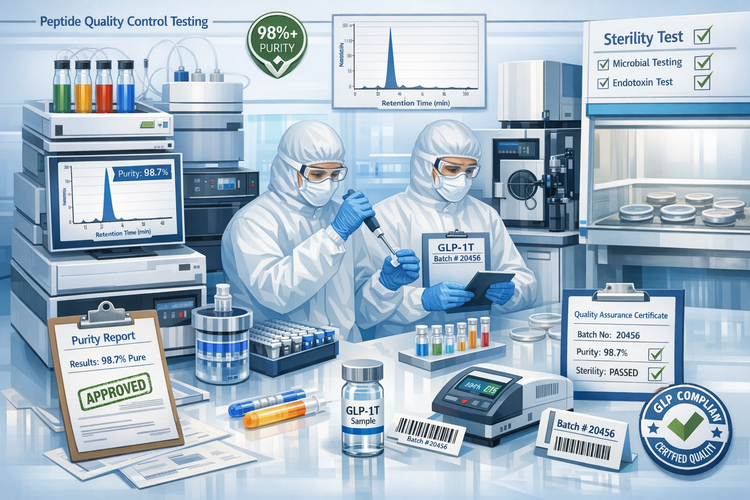 Detailed landscape scientific illustration (1536x1024) depicting peptide quality control testing process including HPLC chromatography equip