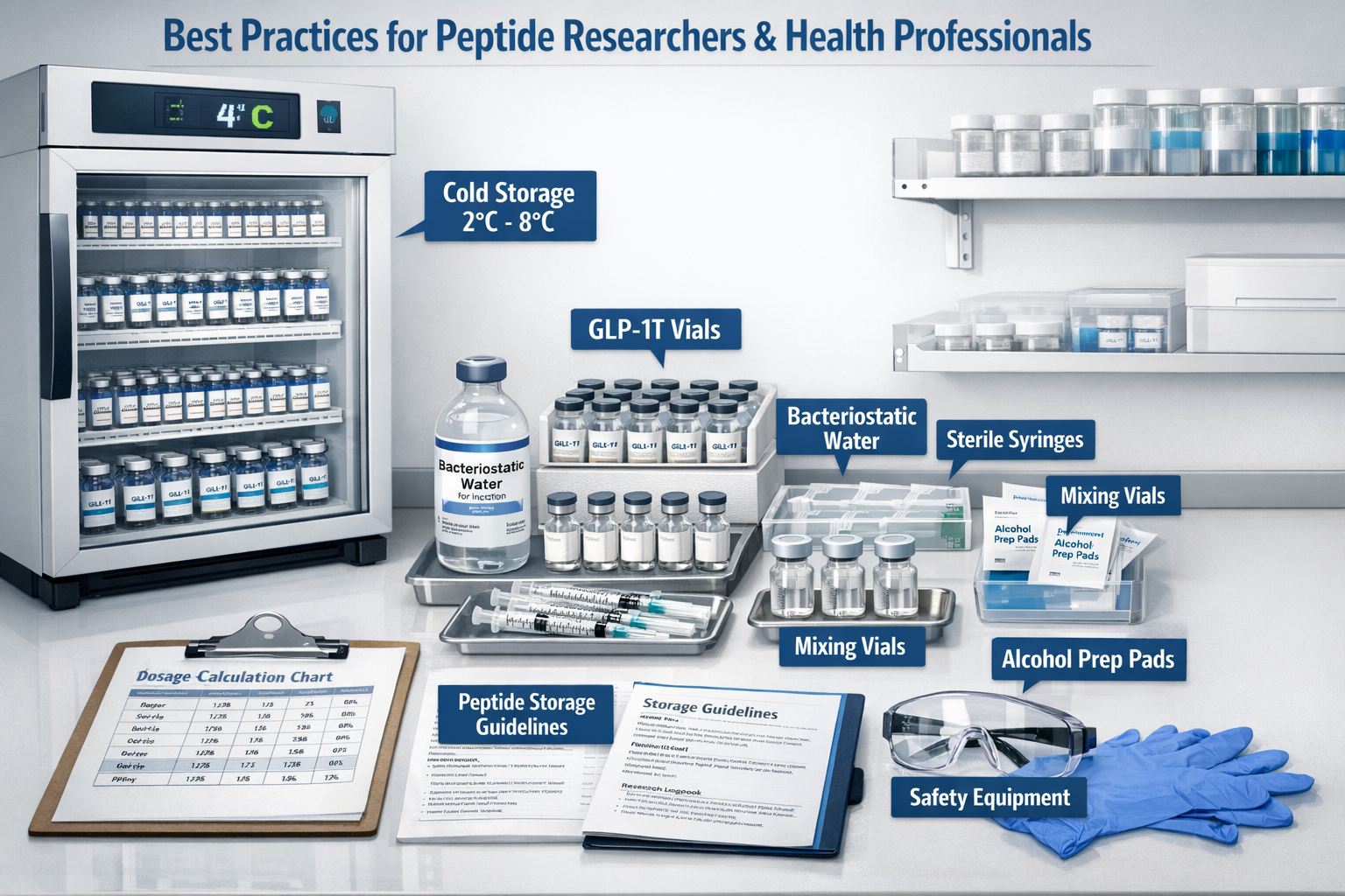 Landscape composition (1536x1024) showing proper peptide storage and handling setup including pharmaceutical-grade refrigerator with tempera