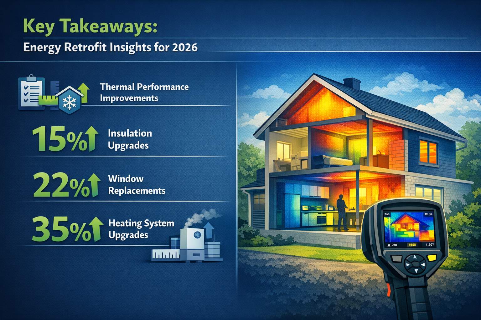 Key Takeaways section infographic visualizing energy retrofit insights for 2026: Split-screen design with left side showing thermal performa