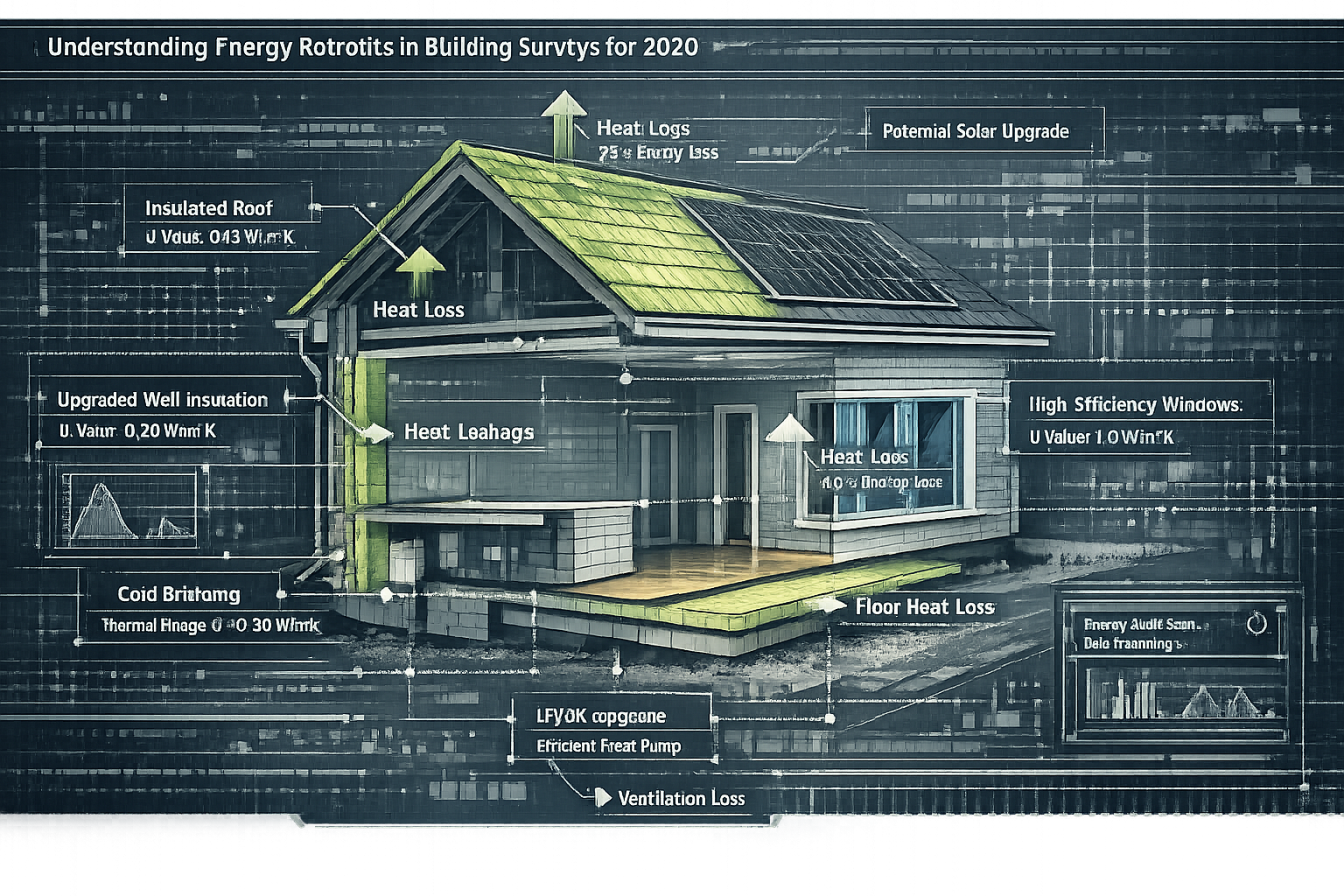 Section 2 illustration depicting 'Understanding Energy Retrofits in Building Surveys for 2026': Architectural blueprint-style rendering of a