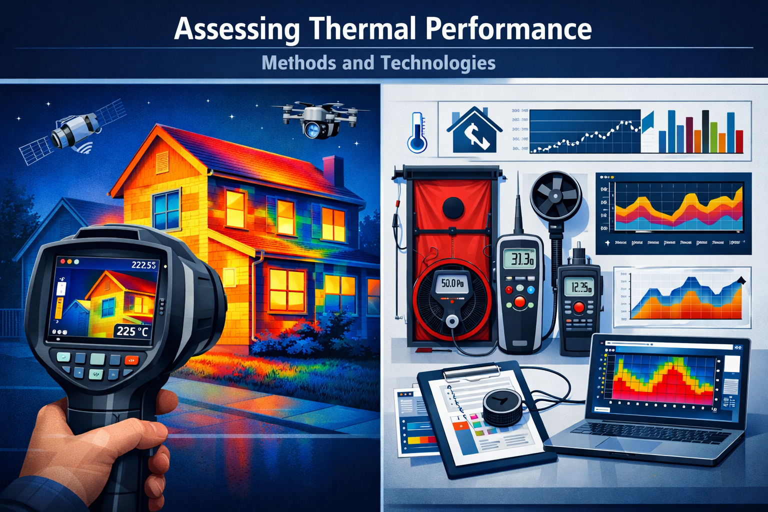 Section 3 visual representation of 'Assessing Thermal Performance: Methods and Technologies': Sophisticated split-screen infographic showcas