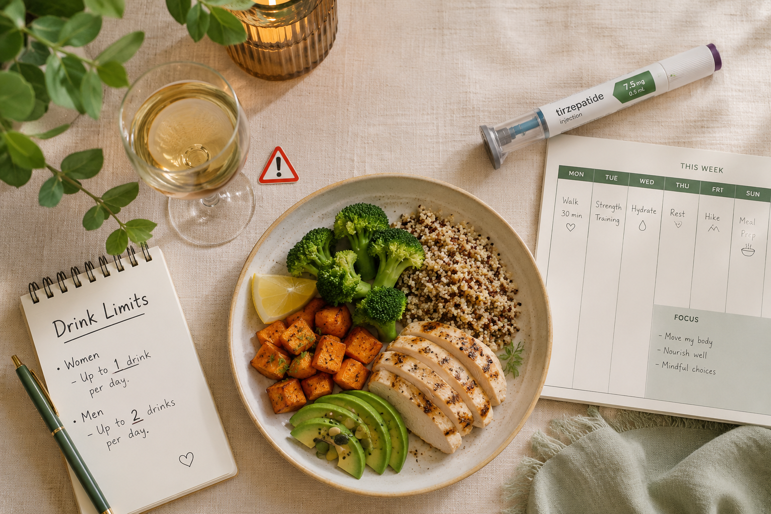 Detailed () showing a top-down flat lay scene of a dinner table with a single small wine glass (half full), a plate of