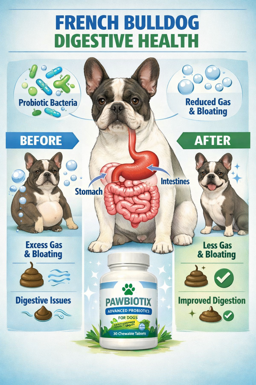 Portrait format (1024x1536) infographic showing French Bulldog digestive system with highlighted stomach and intestines, probiotic bacteria