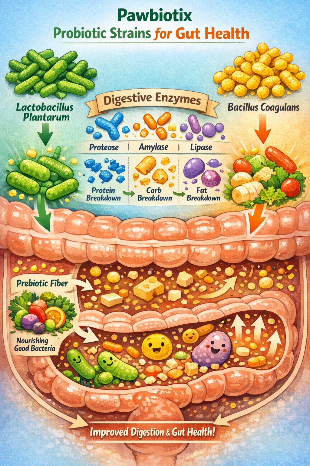 Detailed portrait format (1024x1536) illustration showing Pawbiotix probiotic strains including Lactobacillus Plantarum and Bacillus Coagula