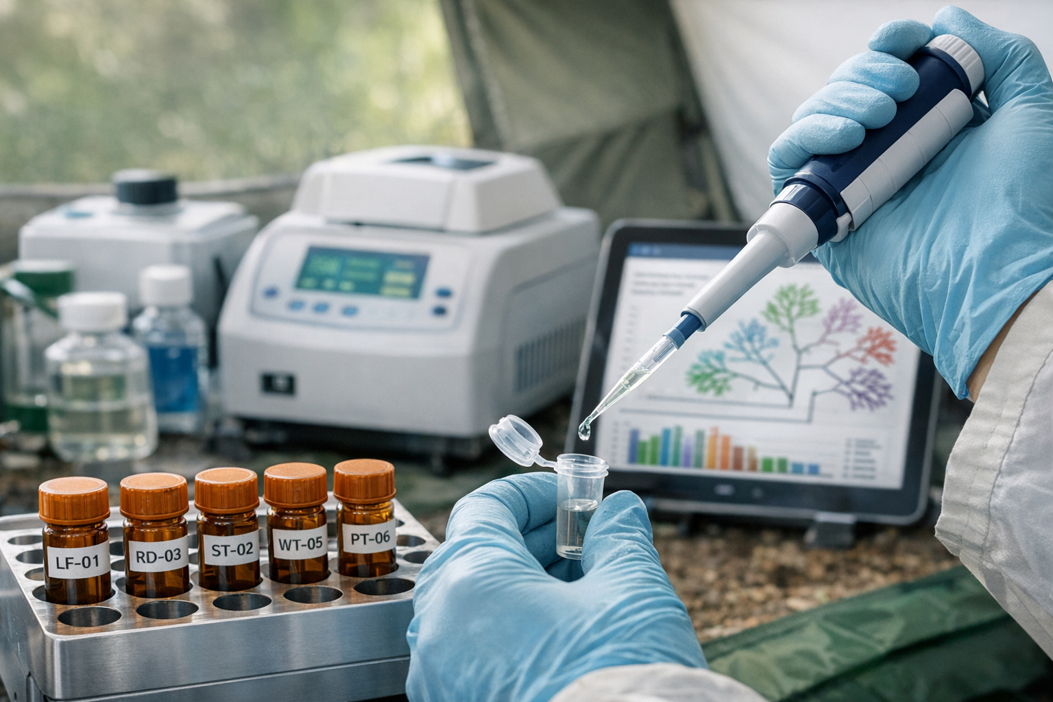 Detailed () image showing close-up view of scientist's gloved hands pipetting environmental DNA samples into collection