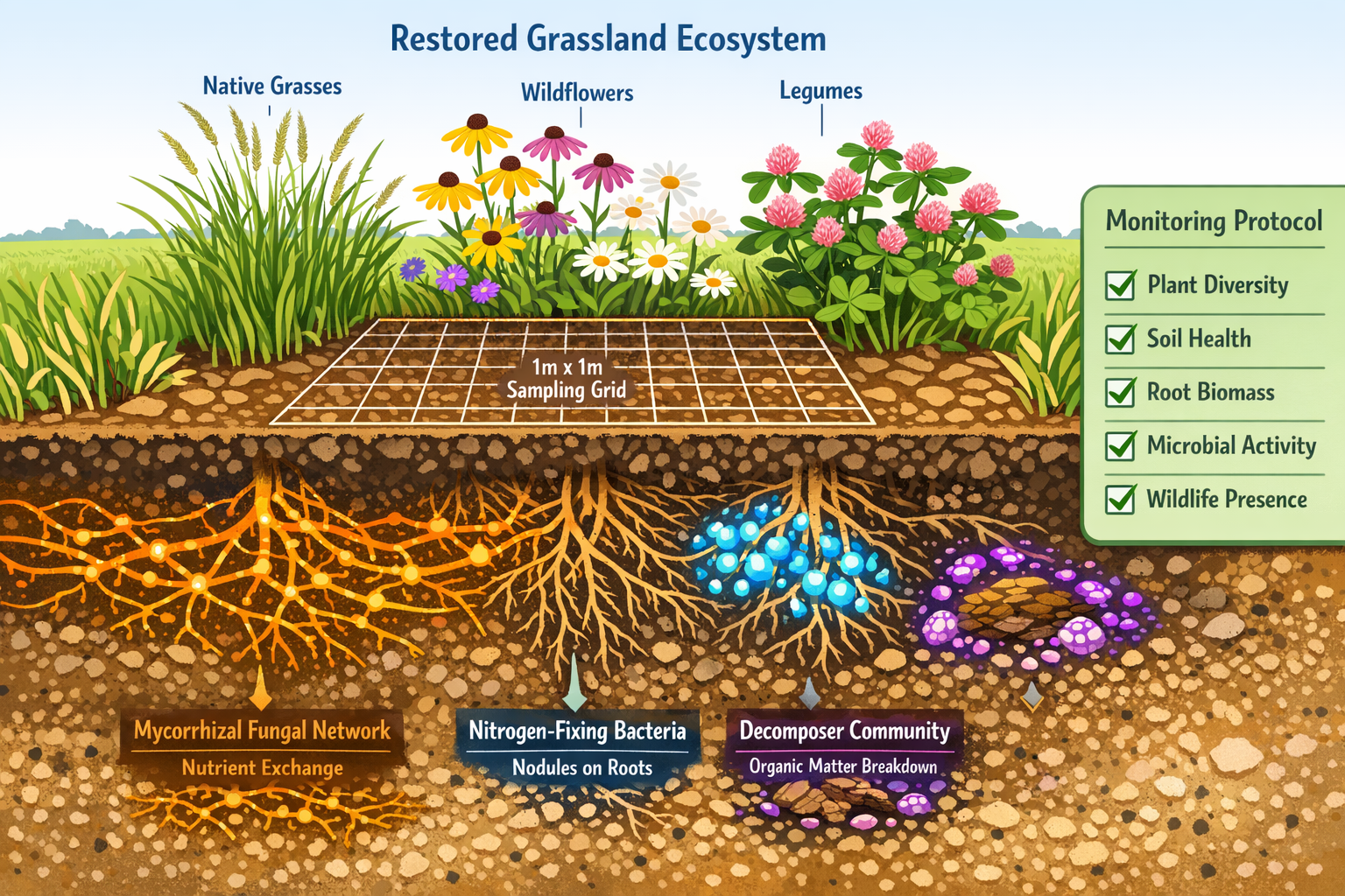 Wide-angle () image depicting restored grassland ecosystem cross-section illustration showing above-ground flowering plants
