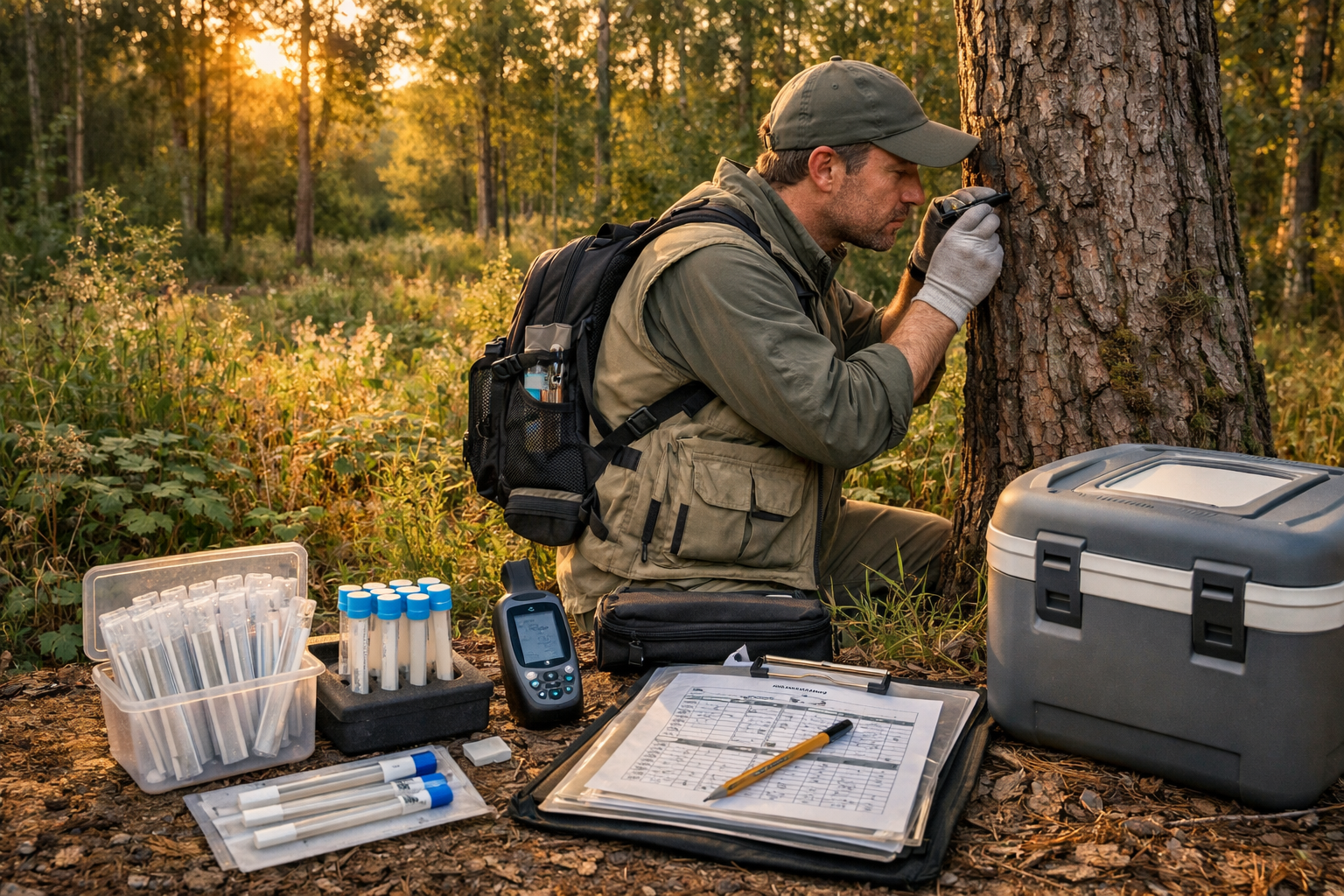 Detailed () image showing professional ecologist conducting holobiont survey in rewilded woodland setting during golden