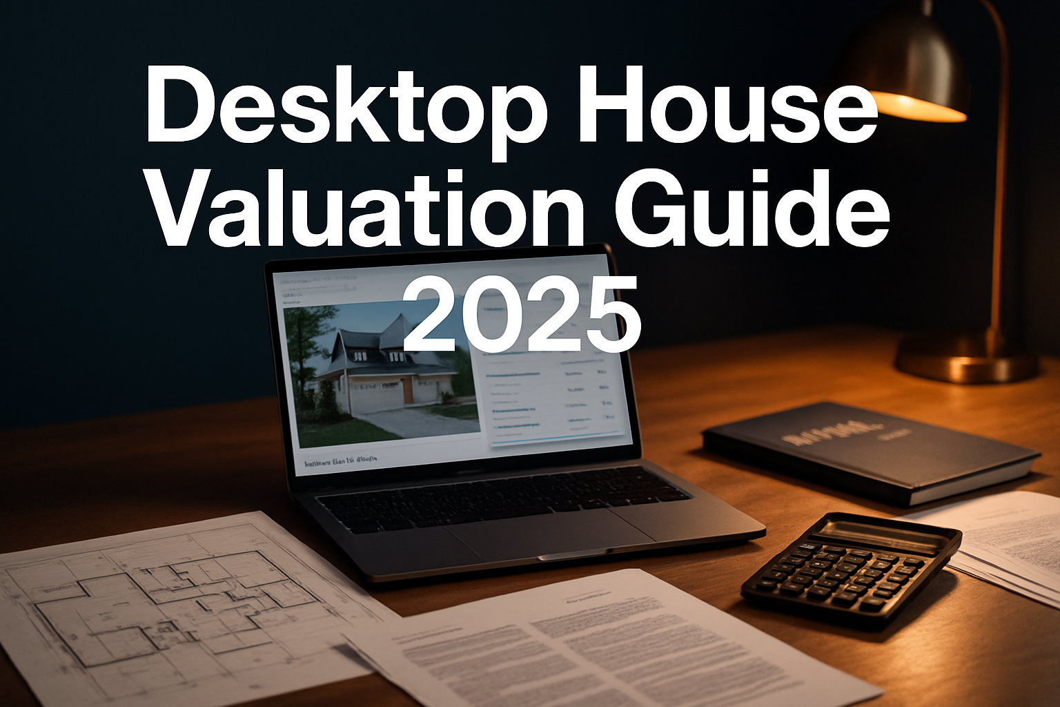 Professional landscape hero image (1536x1024) featuring bold text overlay 'Desktop House Valuation Guide 2025' in extra large 72pt white san