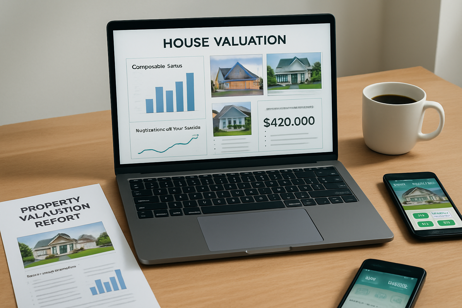 Professional landscape image (1536x1024) illustrating desktop house valuation process workflow. Central focus on modern laptop screen showin