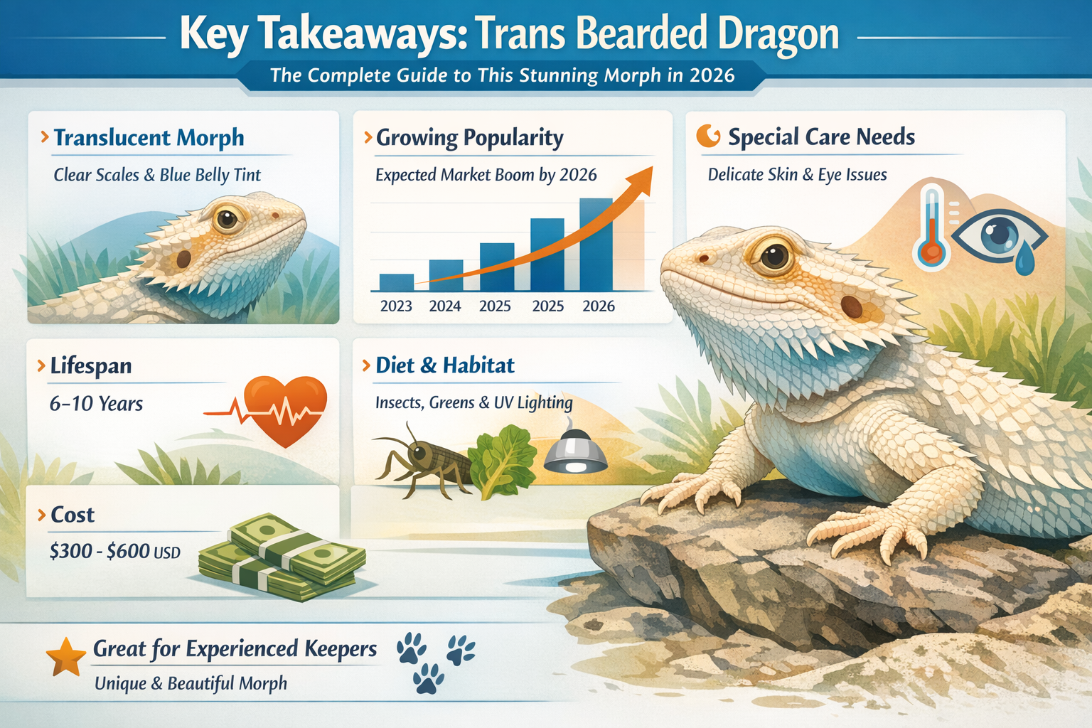 Professional landscape infographic (1536x1024) for article "Trans Bearded Dragon: The Complete Guide to This Stunning Morph in 2026", sectio
