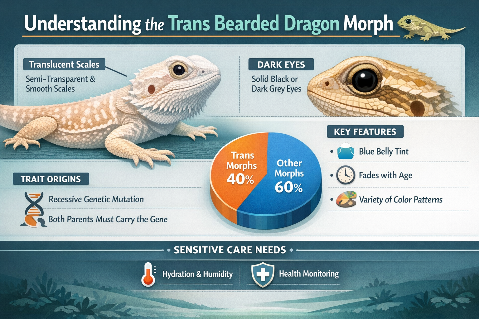 Professional landscape infographic (1536x1024) for article "Trans Bearded Dragon: The Complete Guide to This Stunning Morph in 2026", sectio