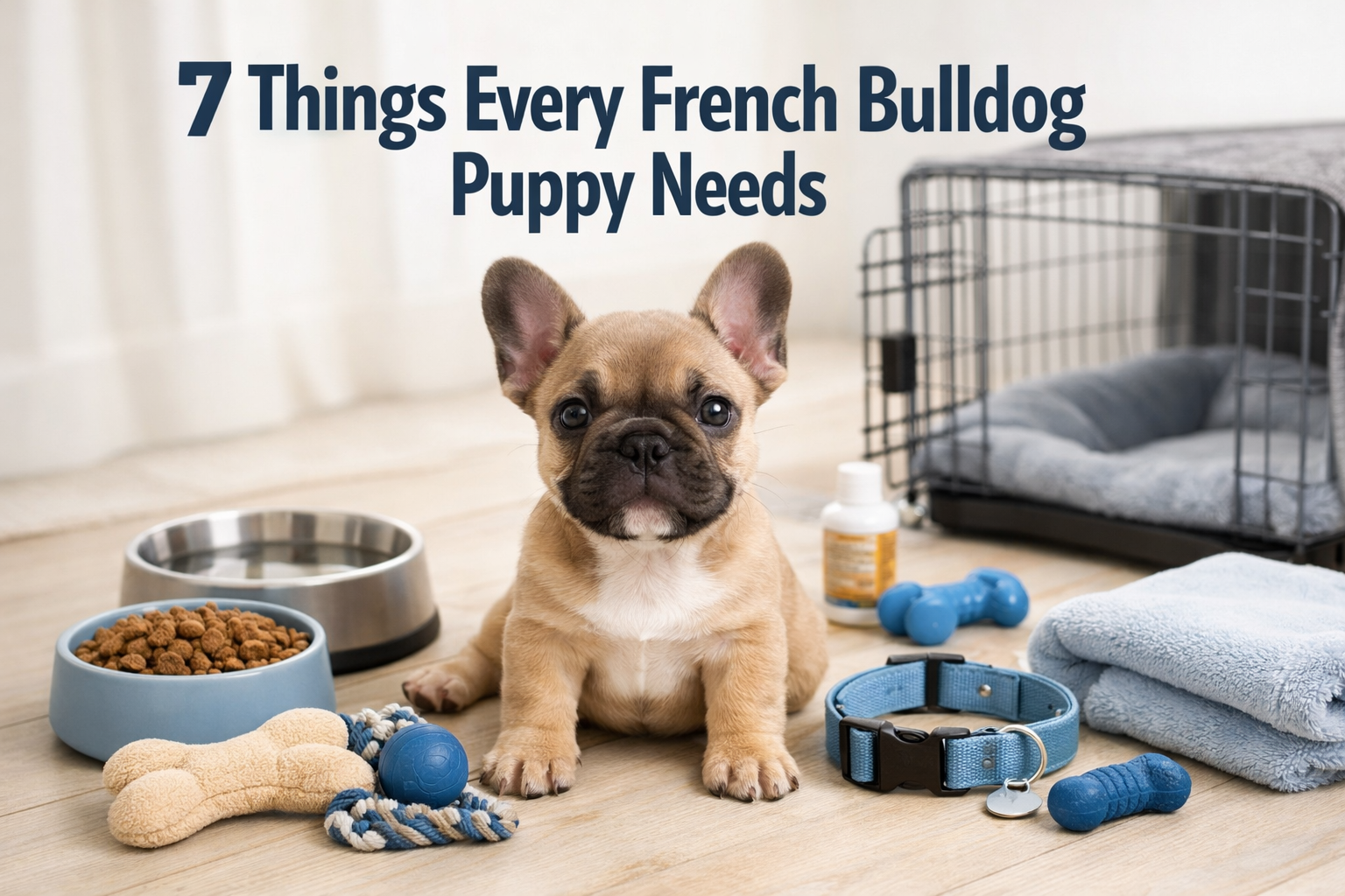 Professional landscape format (1536x1024) hero image featuring adorable French Bulldog puppy surrounded by essential puppy supplies includin