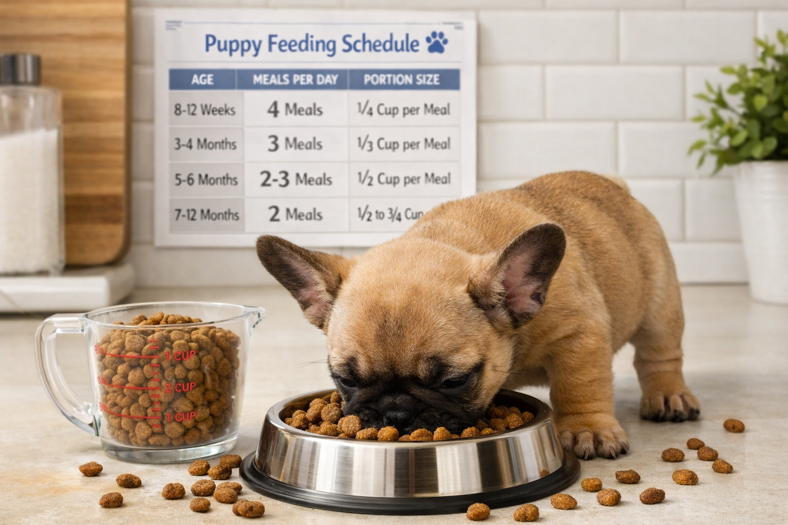 Portrait format (1024x1536) image showing French Bulldog puppy eating from premium stainless steel bowl with kibble scattered around, measur