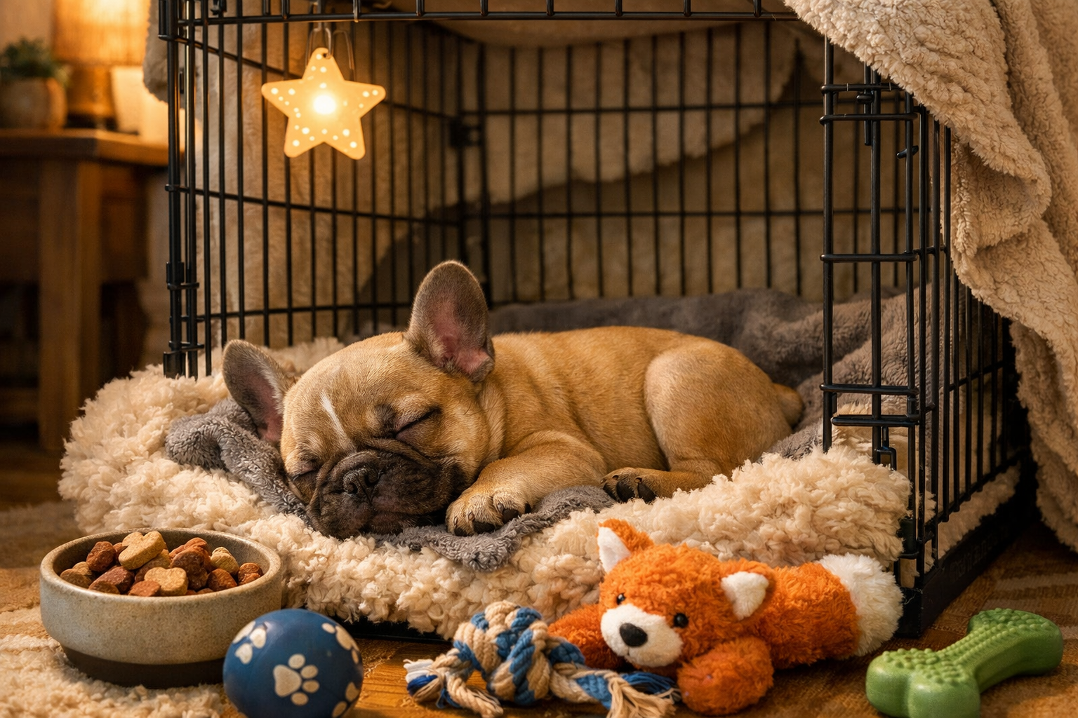 Portrait format (1024x1536) image of cozy dog crate with soft bedding, French Bulldog puppy sleeping peacefully inside, training treats and 