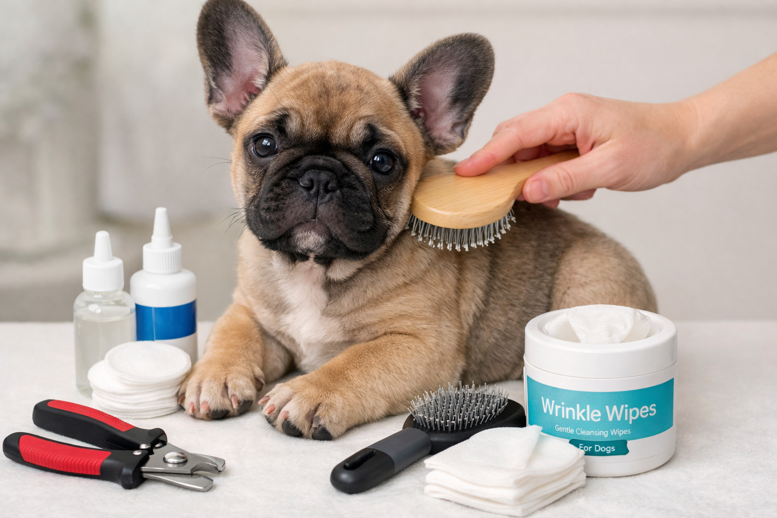 Portrait format (1024x1536) image showing French Bulldog puppy during grooming routine - nail clippers, brush, ear cleaning supplies, wrinkl