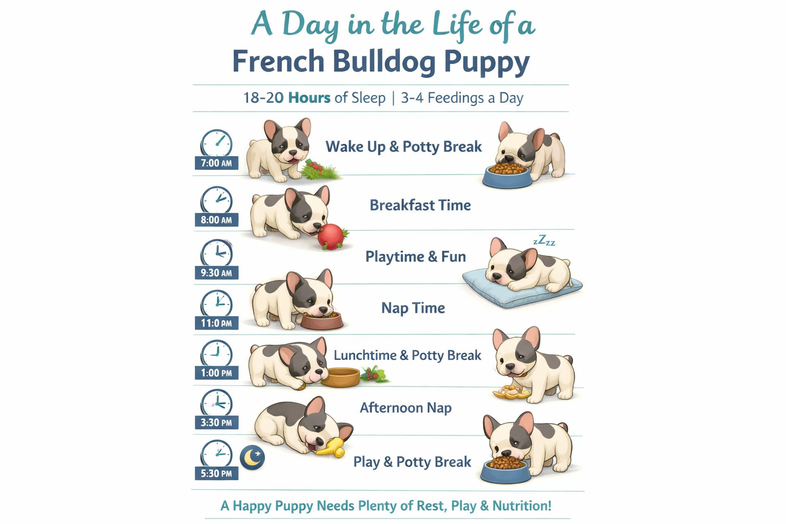 Portrait format (1024x1536) image showing French Bulldog puppy's daily routine timeline infographic with clock icons, feeding schedule, nap 