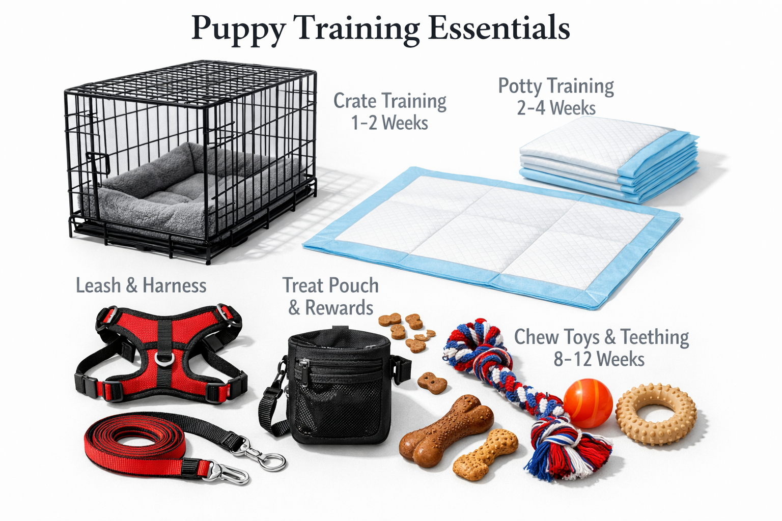 Portrait format (1024x1536) image depicting French Bulldog puppy training essentials including crate setup, potty training pads, leash and h