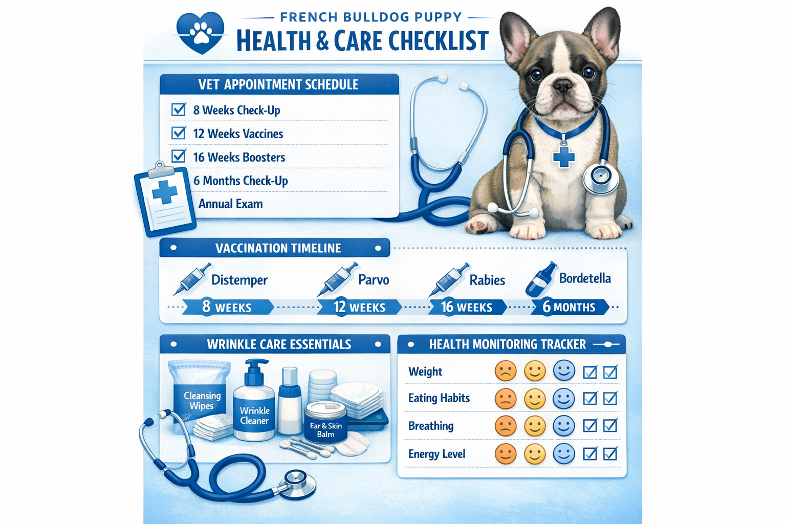 Portrait format (1024x1536) health and care checklist visualization showing French Bulldog puppy vet appointment schedule, vaccination timel