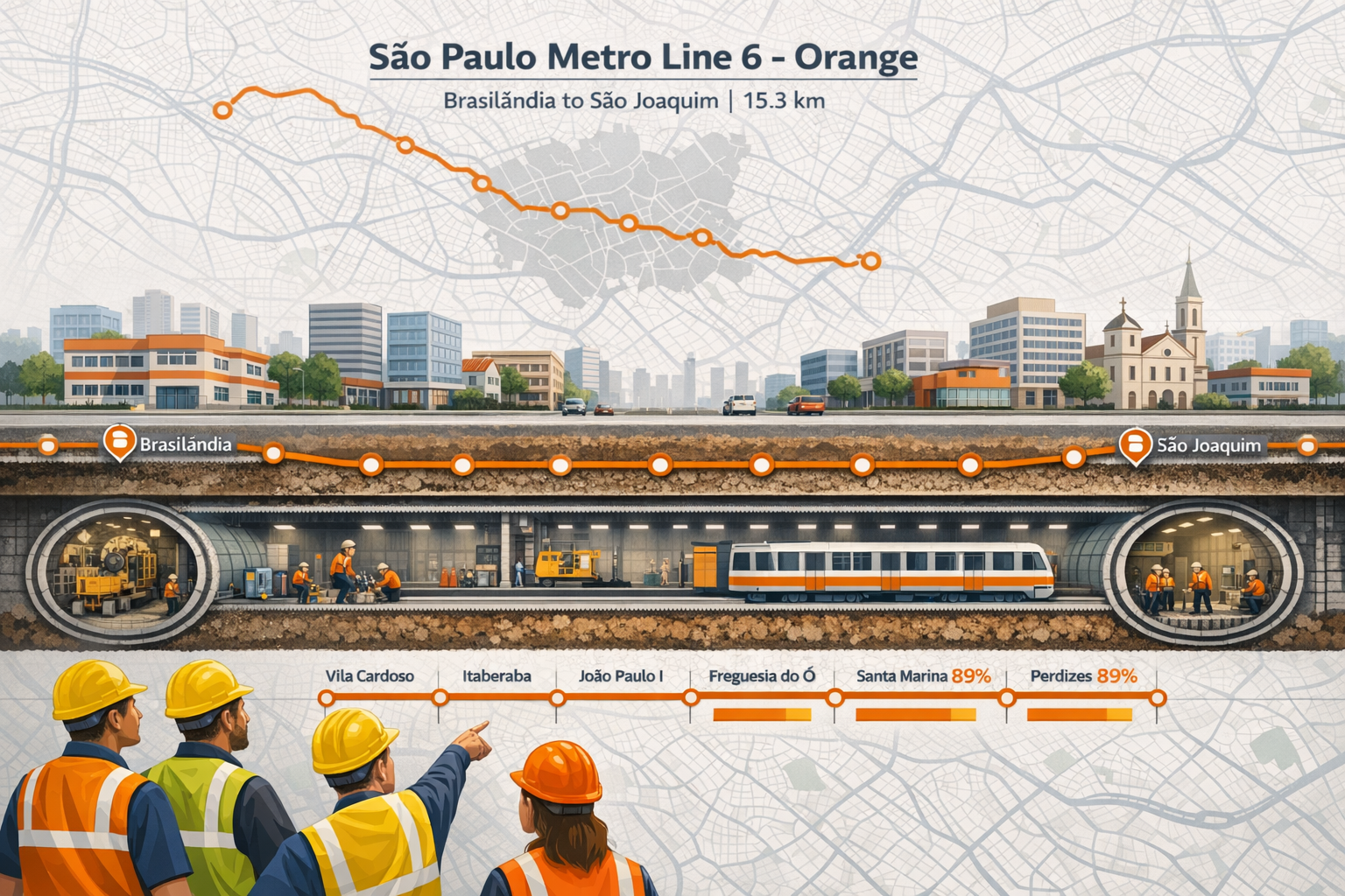 () editorial infographic illustration showing a cross-section schematic of São Paulo Metro Line 6-Orange tunnel beneath a