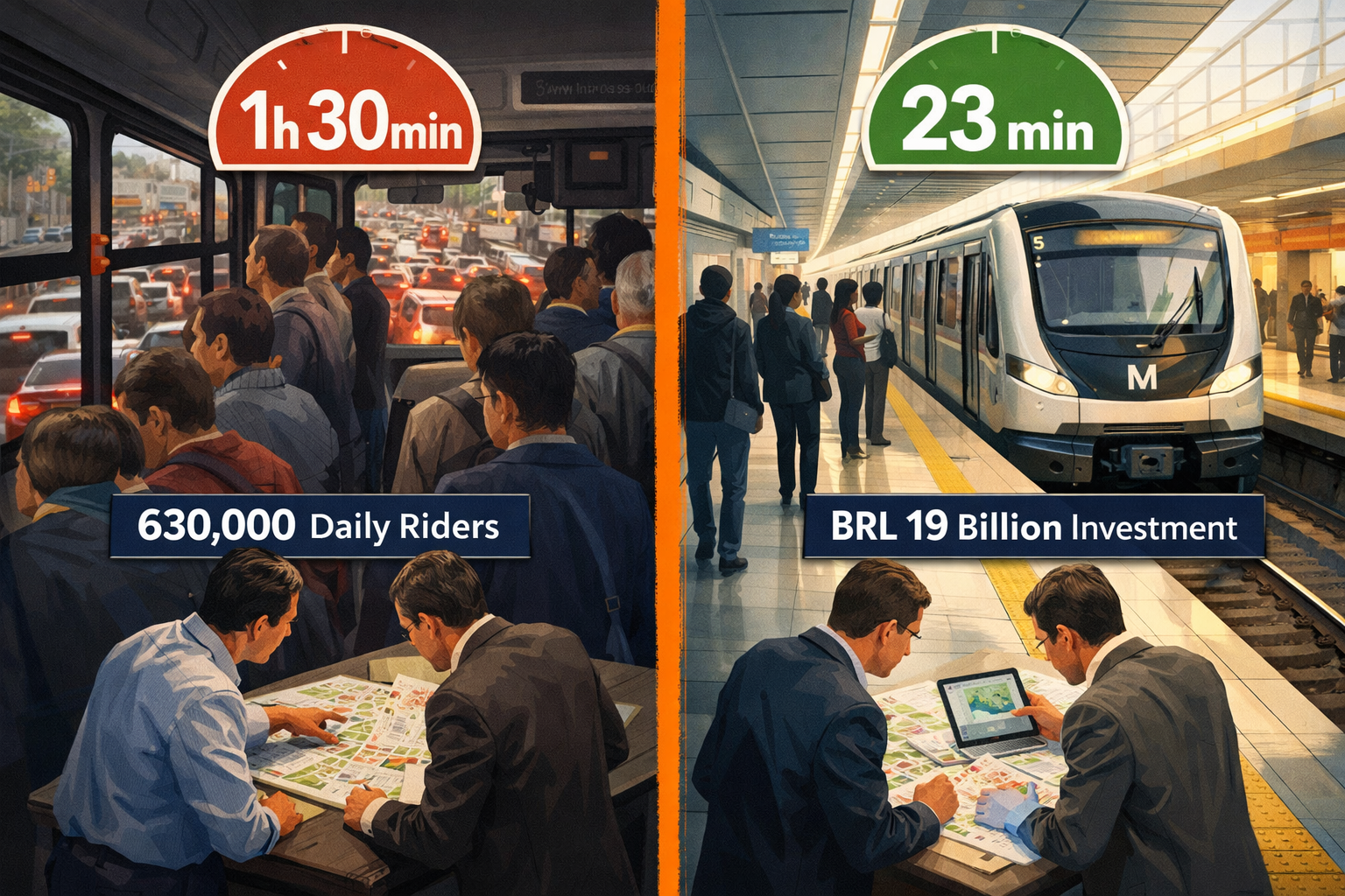 () split-scene composition contrasting two perspectives: left side shows a crowded São Paulo bus stuck in heavy traffic on
