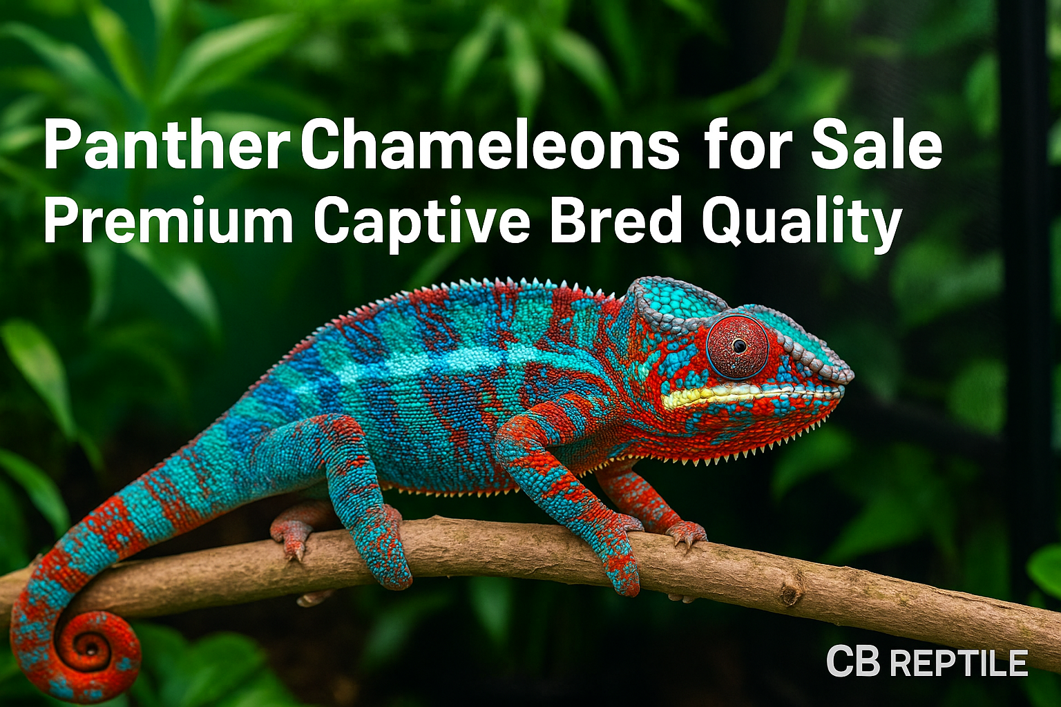 Professional landscape hero image (1536x1024) featuring vibrant panther chameleon with brilliant blue and red coloration perched on tropical