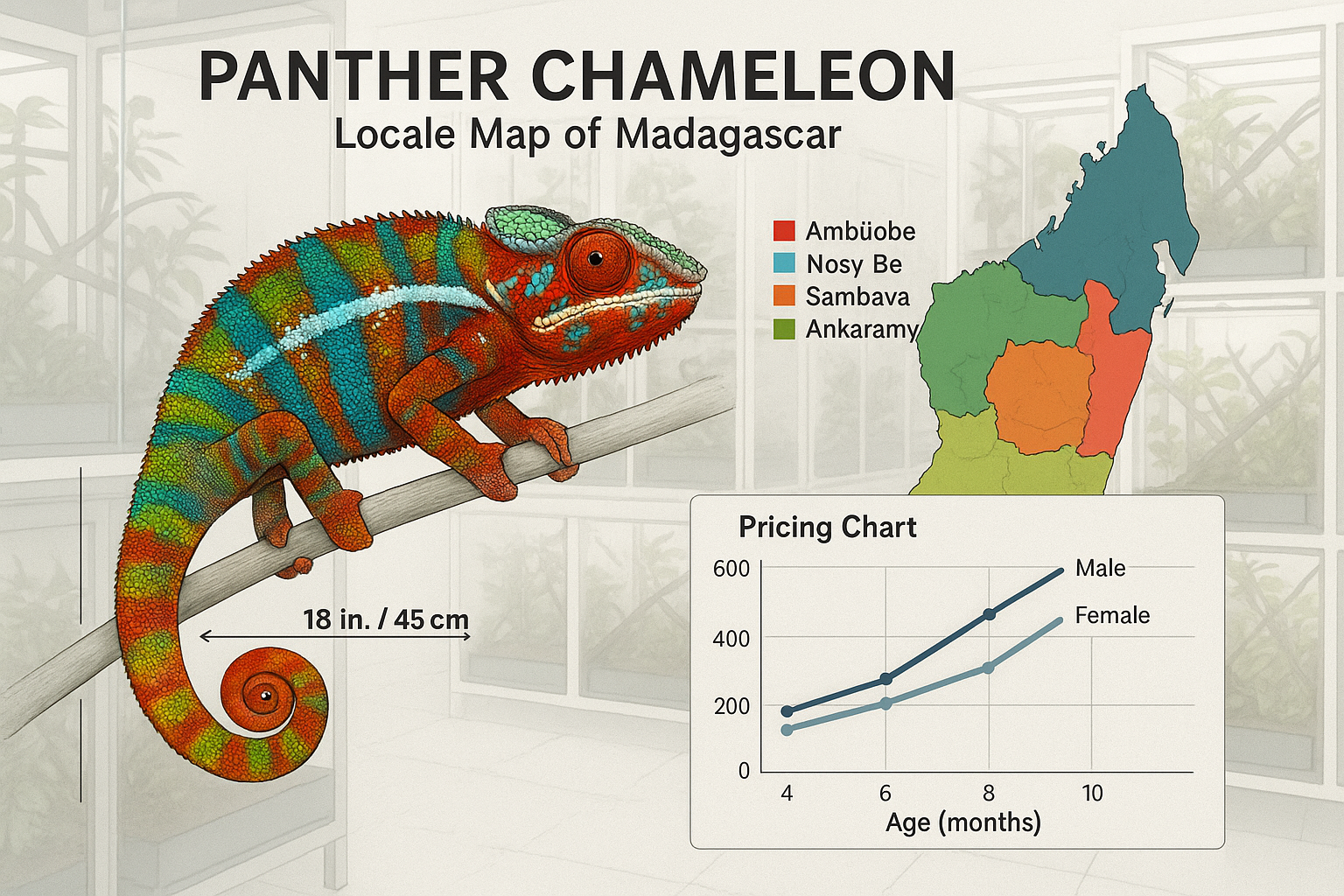 Detailed infographic showing panther chameleon locale map of Madagascar with color-coded regions (Ambilobe red-blue, Nosy Be blue-green, Sam