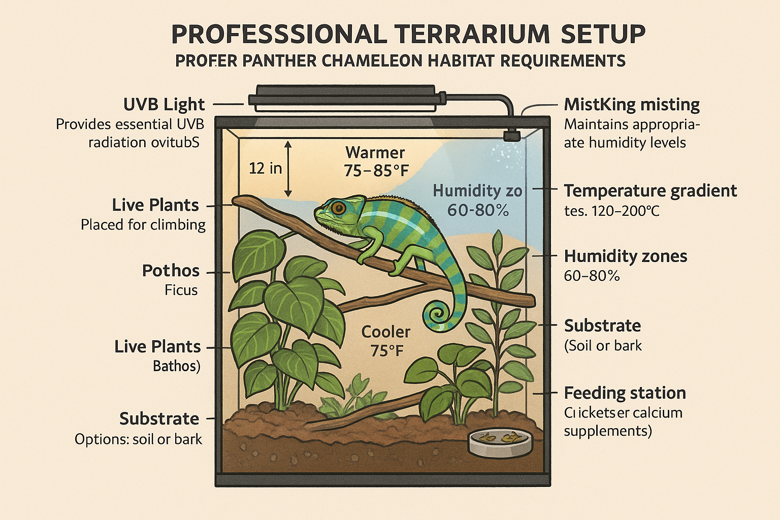 Professional terrarium setup cross-section diagram showing proper panther chameleon habitat requirements, UVB lighting placement, MistKing m