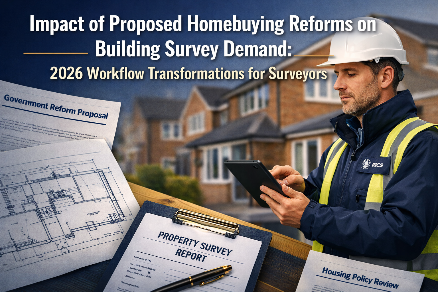 Professional landscape format (1536x1024) hero image featuring bold text overlay 'Impact of Proposed Homebuying Reforms on Building Survey D