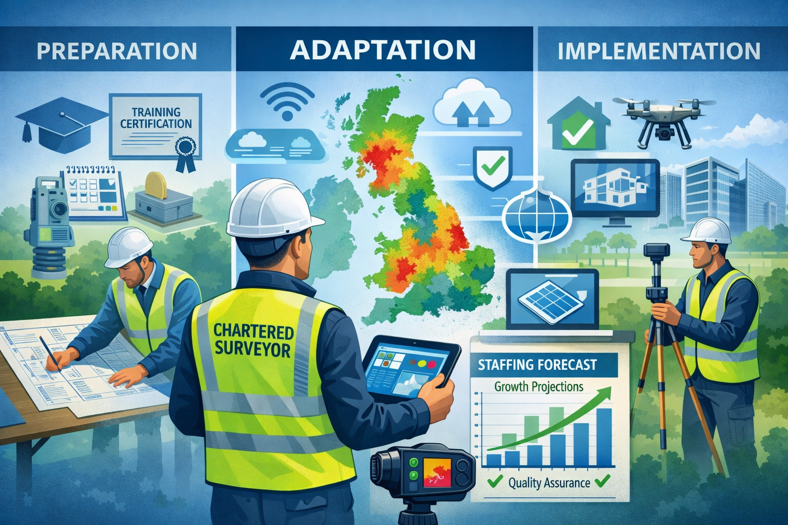 Professional landscape format (1536x1024) conceptual illustration depicting surveyor workflow transformation with three-panel progression sh