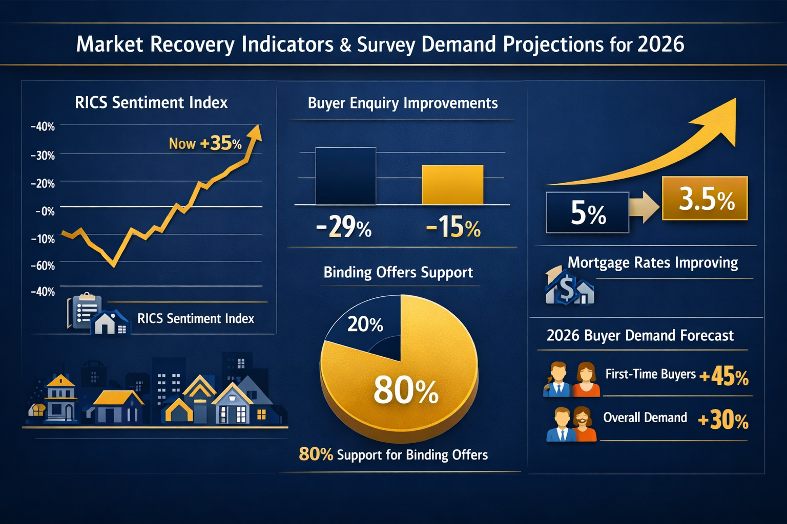 Detailed landscape format (1536x1024) data visualization dashboard showing market recovery indicators and survey demand projections for 2026