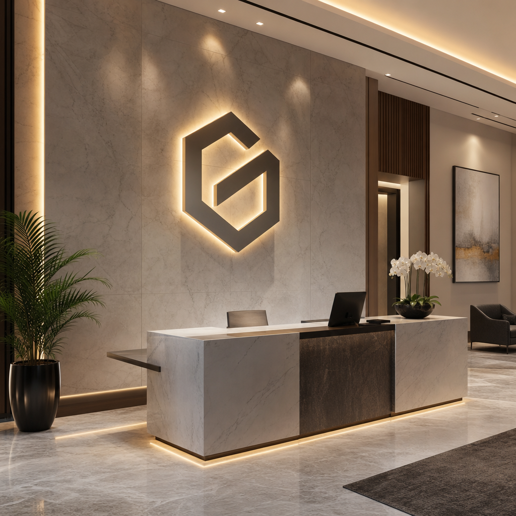 Corporate office lobby interior with a custom-fabricated dimensional letter lobby sign with backlighting mounted on a polished stone wall, a modern reception desk with subtle branding, and understated decor.