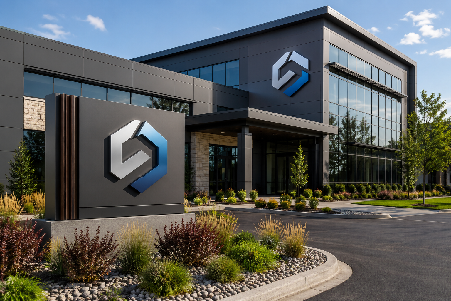 Exterior of a sleek contemporary corporate office building in daylight with a prominent channel-letter or lightbox building sign, and a monument sign at the entrance integrated with landscaping.