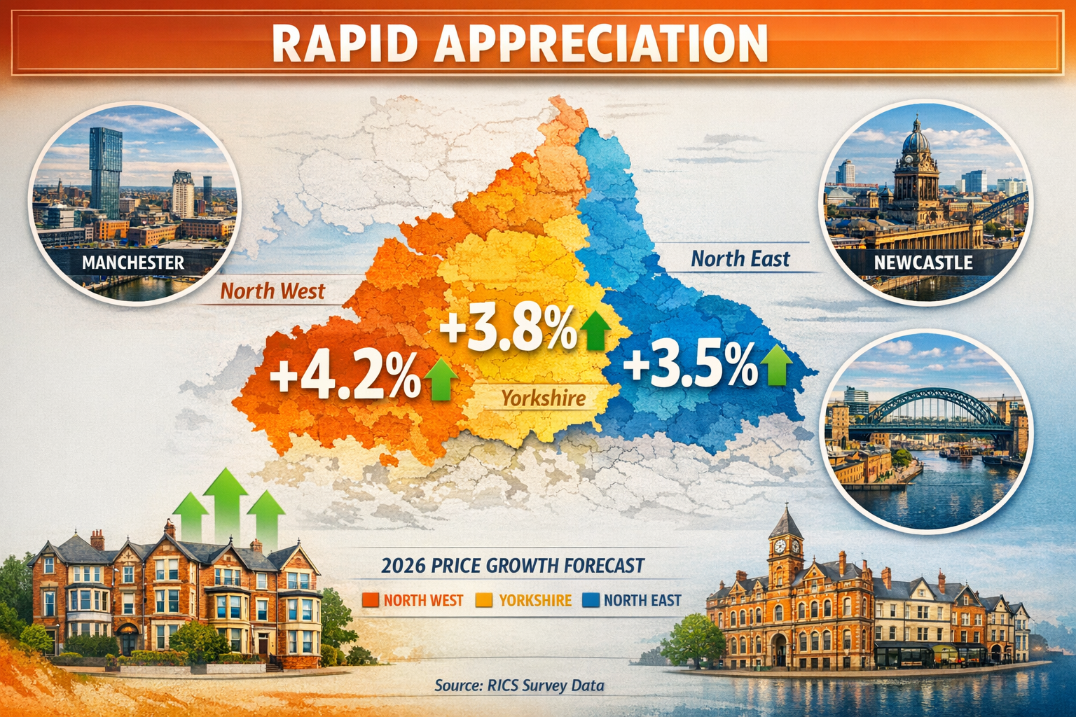() detailed infographic showing Northern England property market heat map with color-coded regions (North West, Yorkshire,