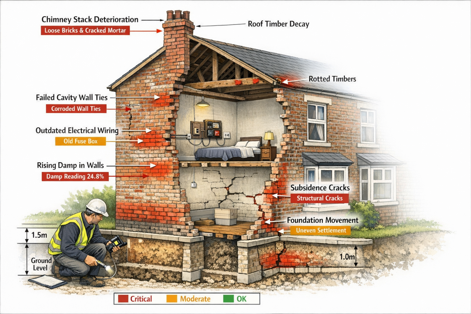 () technical illustration showing cross-section cutaway view of typical Northern England Victorian terraced house revealing
