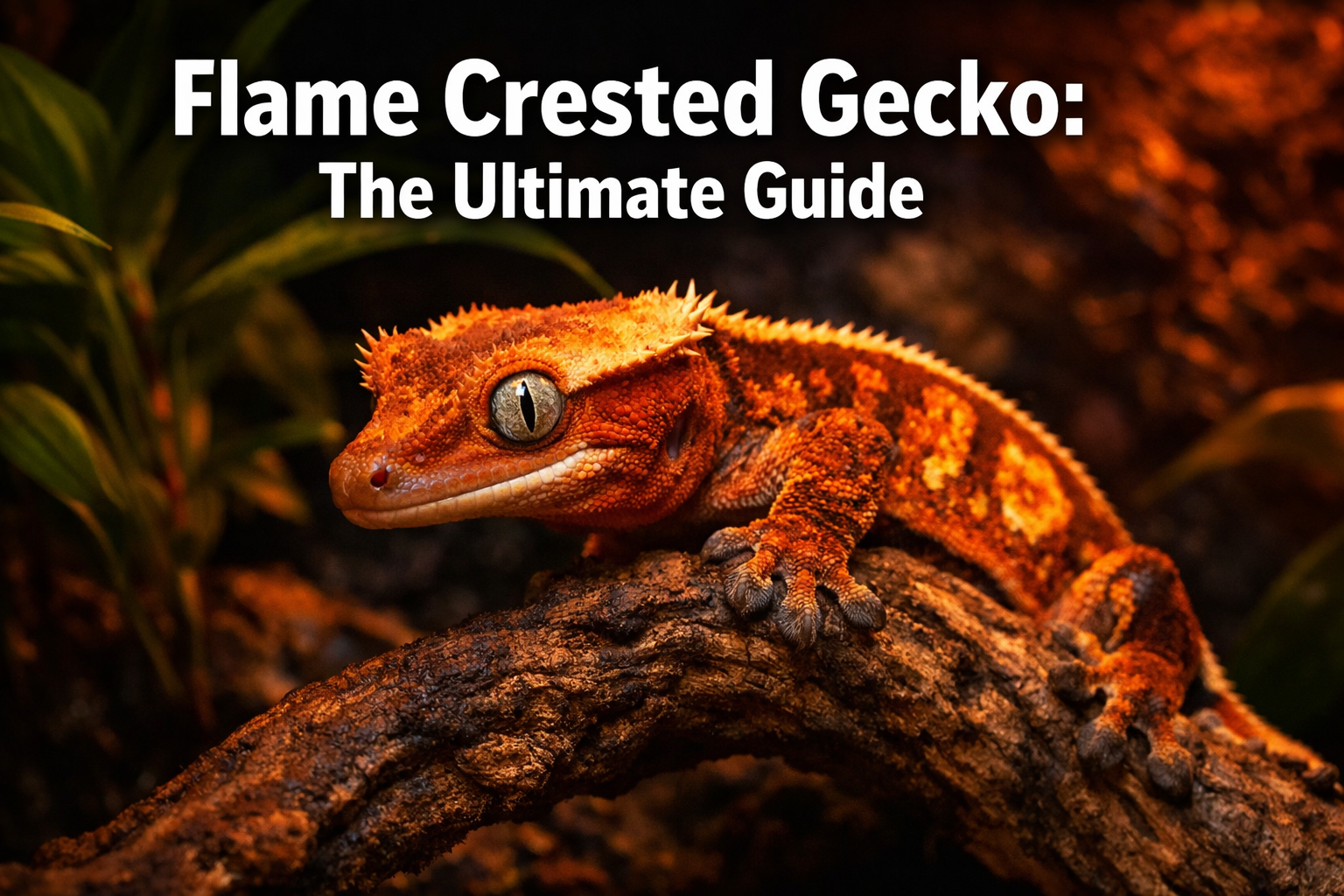 Professional landscape format (1536x1024) hero image featuring bold text overlay 'Flame Crested Gecko: The Ultimate Guide' in extra large 72