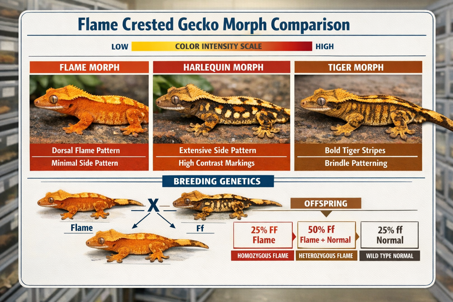 Detailed landscape format (1536x1024) image showing flame crested gecko morphology comparison chart with side-by-side photos of flame morph 