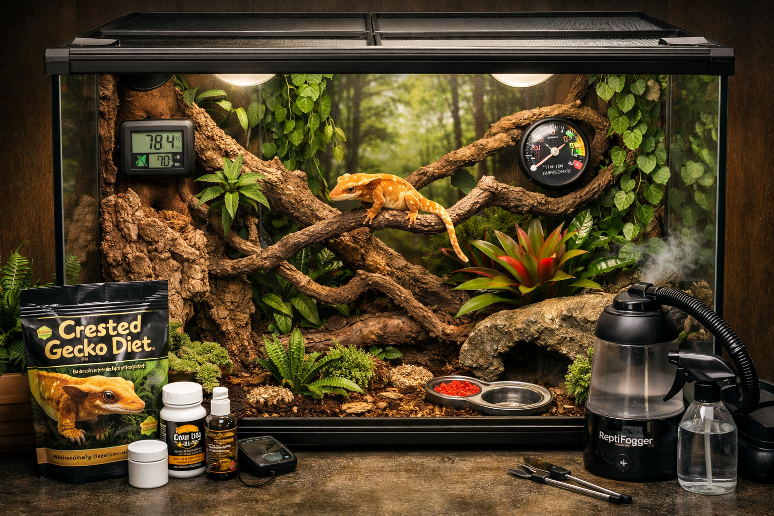 Professional landscape format (1536x1024) image of complete flame crested gecko habitat setup in modern terrarium with proper lighting, live