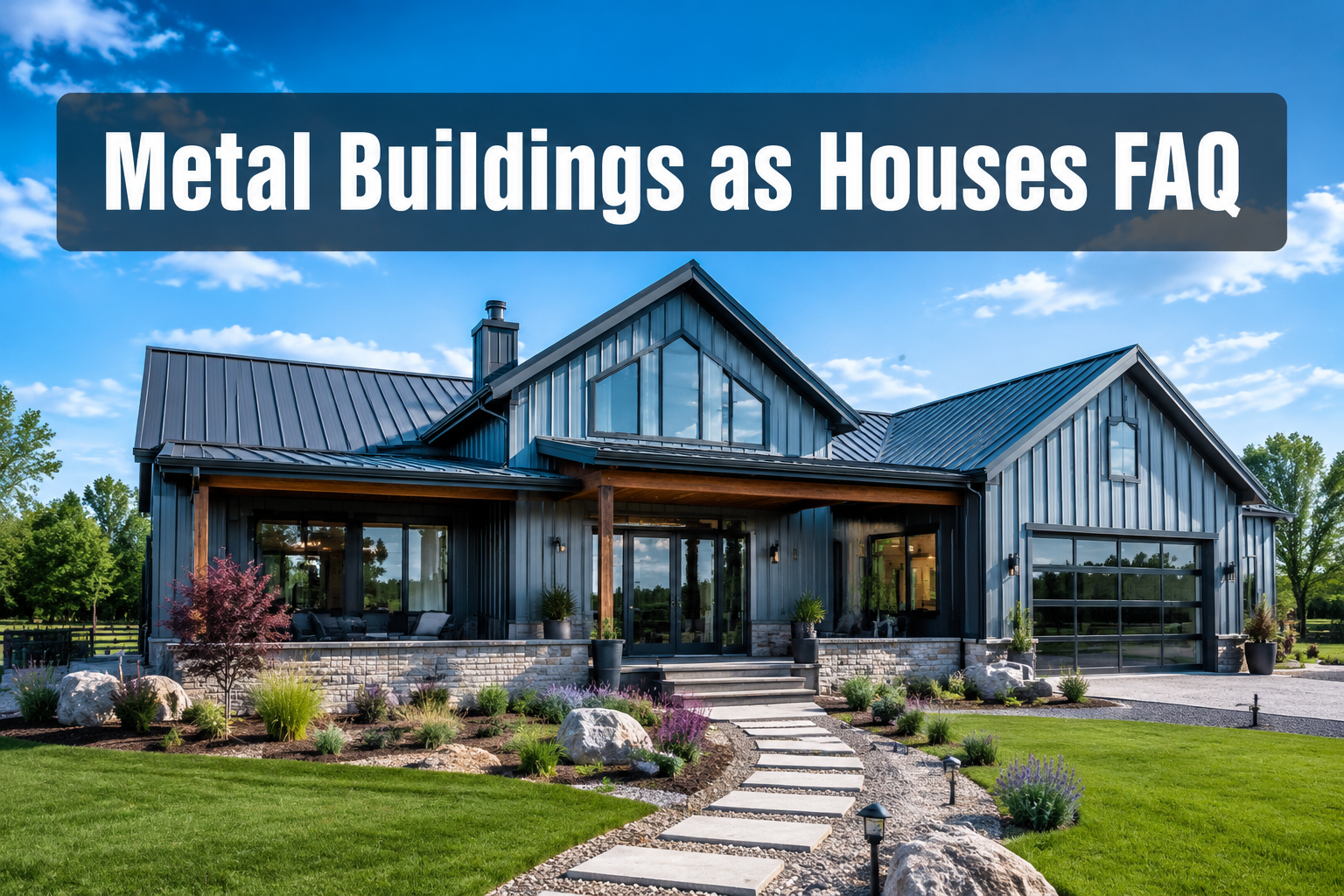 Professional () hero image with : 'Metal Buildings as Houses FAQ' in extra large white with dark semi-transparent box,